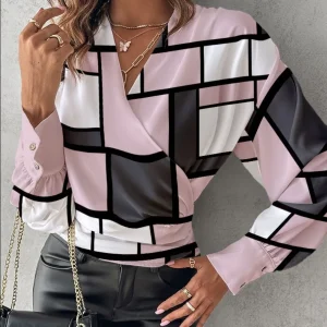 Shirt Women Blouse Print V Neck Slim Long Sleeve Sexy Autumn Spring Top Vintage Shirts Casual Office Lady Tops 2025 Streetwear