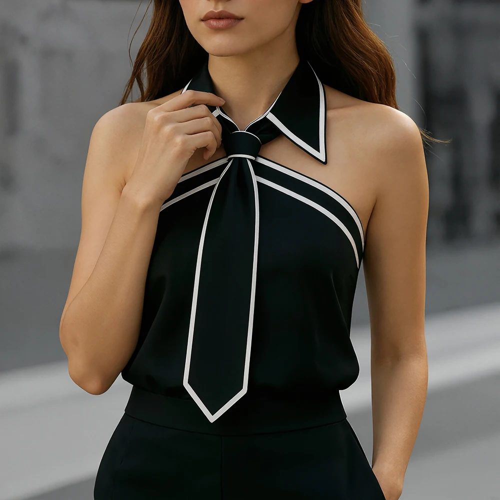 Women's Tank Tops Halter Tie Neck Contrast Binding Blouse Office Lady Summer Casual Streetwear Tank for Women's - Image 3