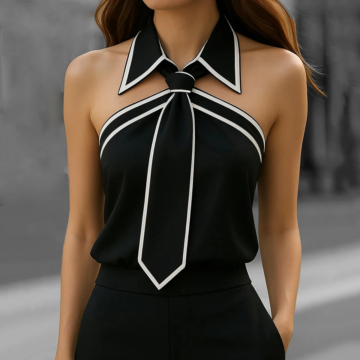 Women's Tank Tops Halter Tie Neck Contrast Binding Blouse Office Lady Summer Casual Streetwear Tank for Women's - Image 2